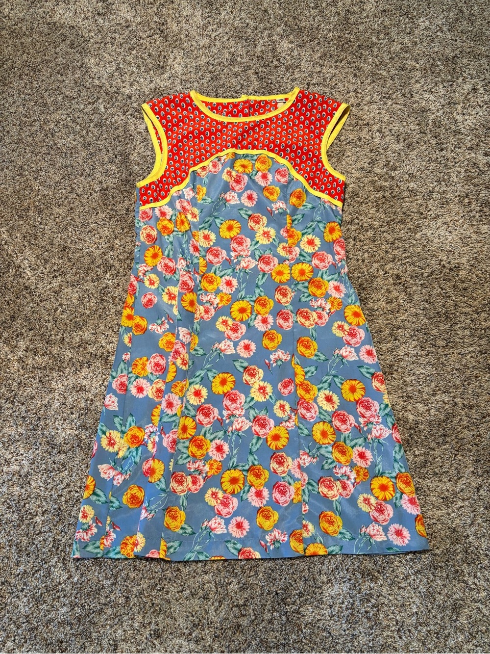 316. Uncle Frank Blue Floral Dress with Red Yoke and Yellow Trim, Size XS
